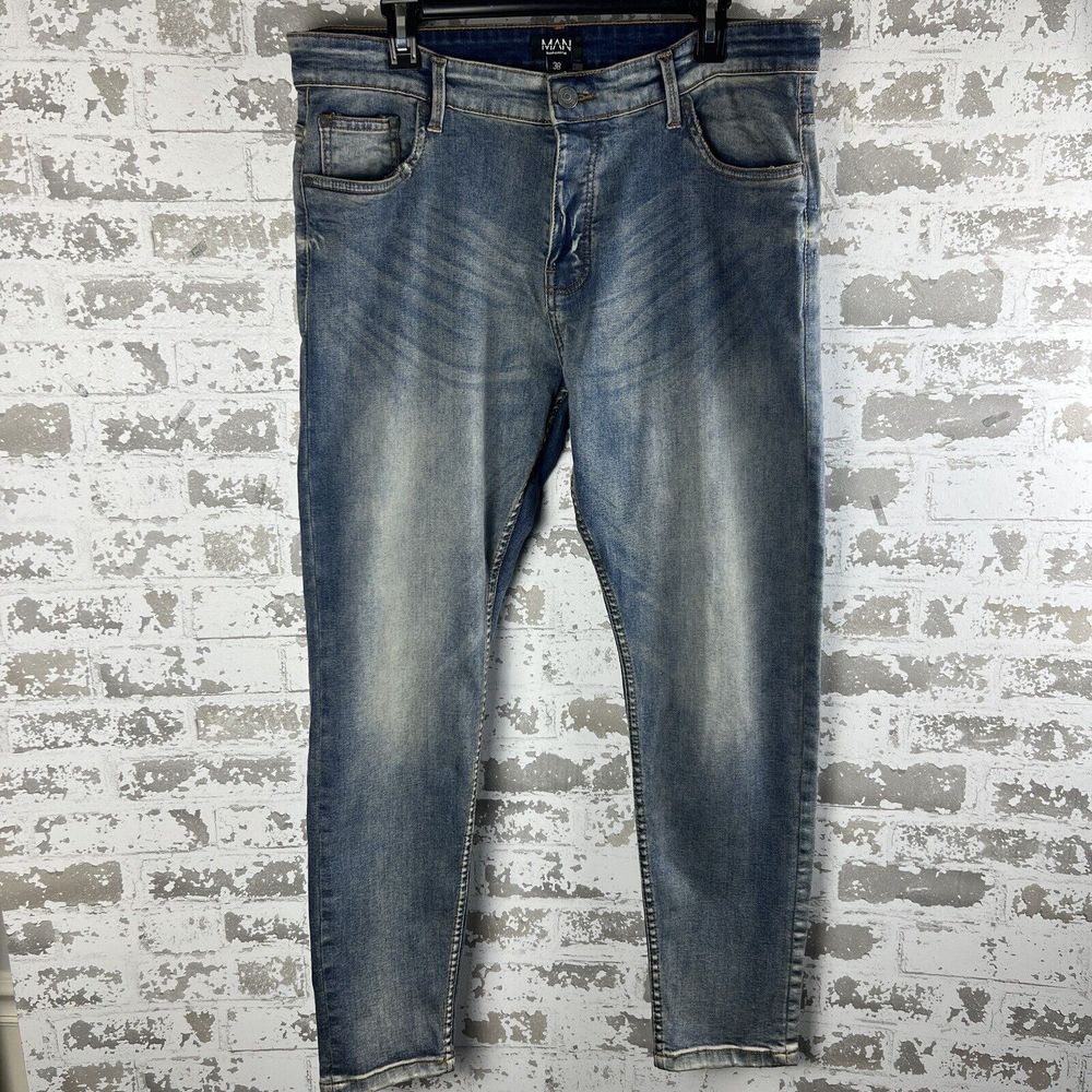 BooHooMan Stretch Skinny Jeans Men’s‎ 38X29.5 Blue Vintage Wash NWT Button Fly